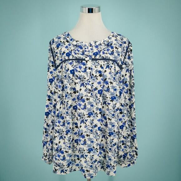 Talbots Plus Size 2X Blue Floral Print Lace Trim Button Popover Long Sleeve Top - Picture 1 of 6